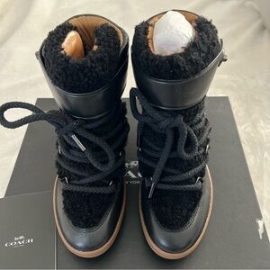 Coach Monroe Shearling Lace Up Wedge Booties